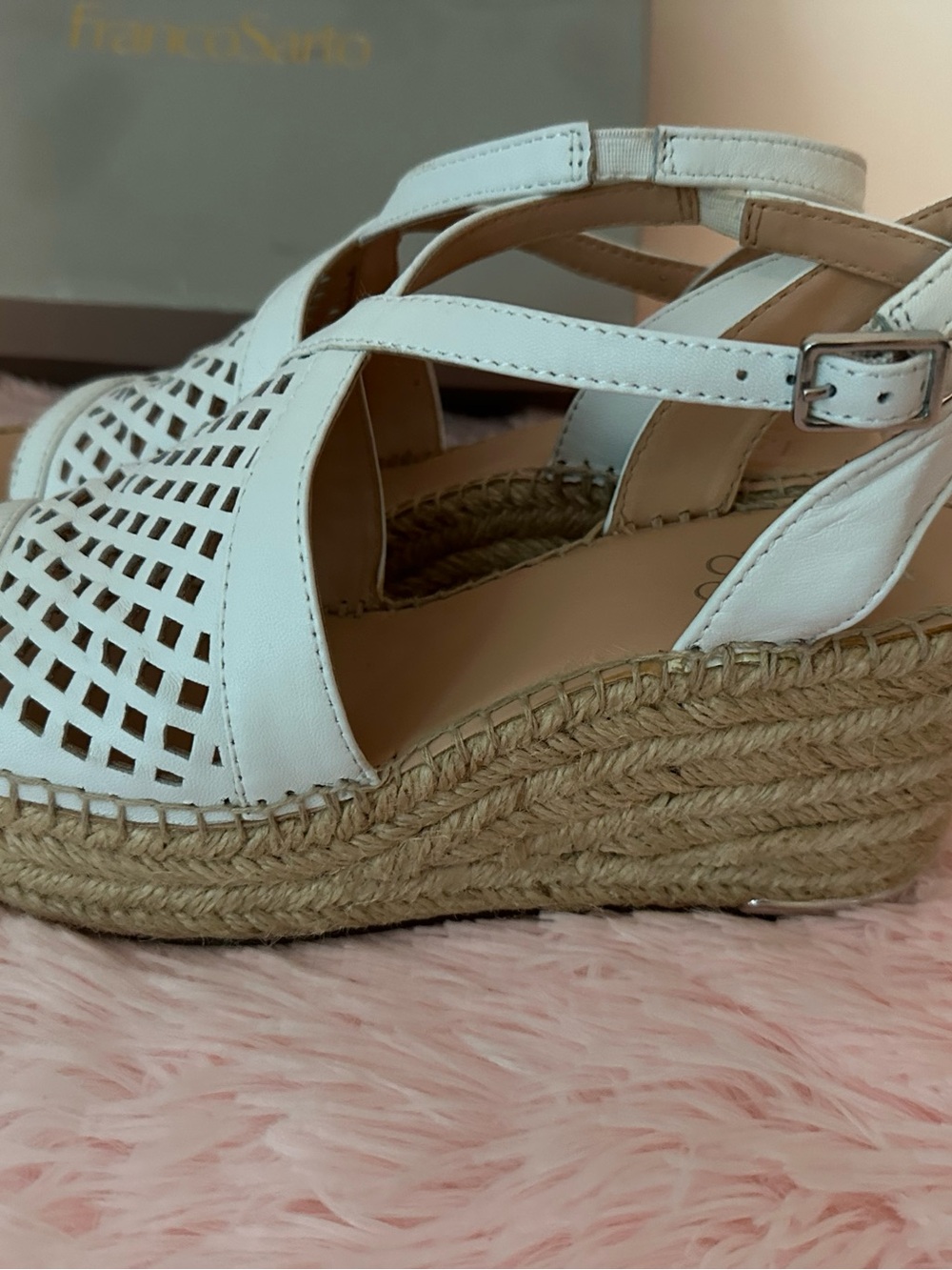Franco Sarto White Perforated Espadrille Wedge Sandals with Ankle Strap - Picture 4 of 9